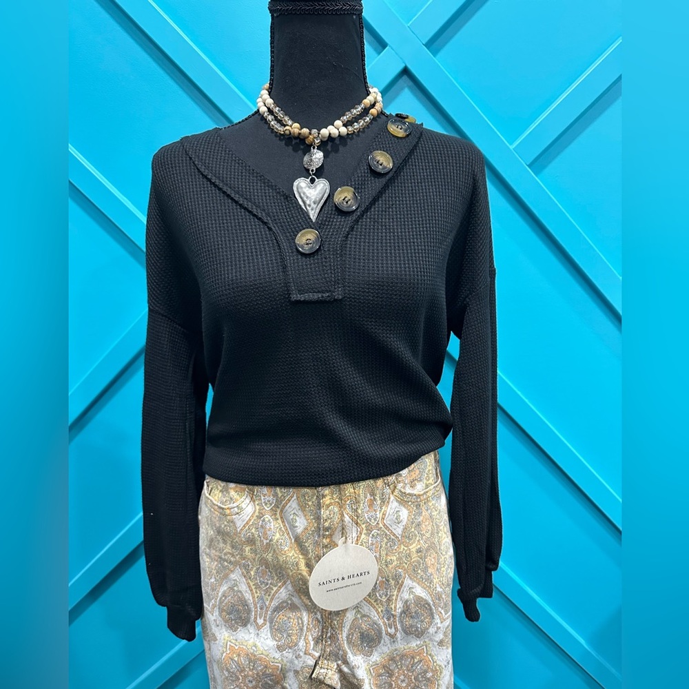 EPretty Black Button-Detail Women's Waffle Knit Top